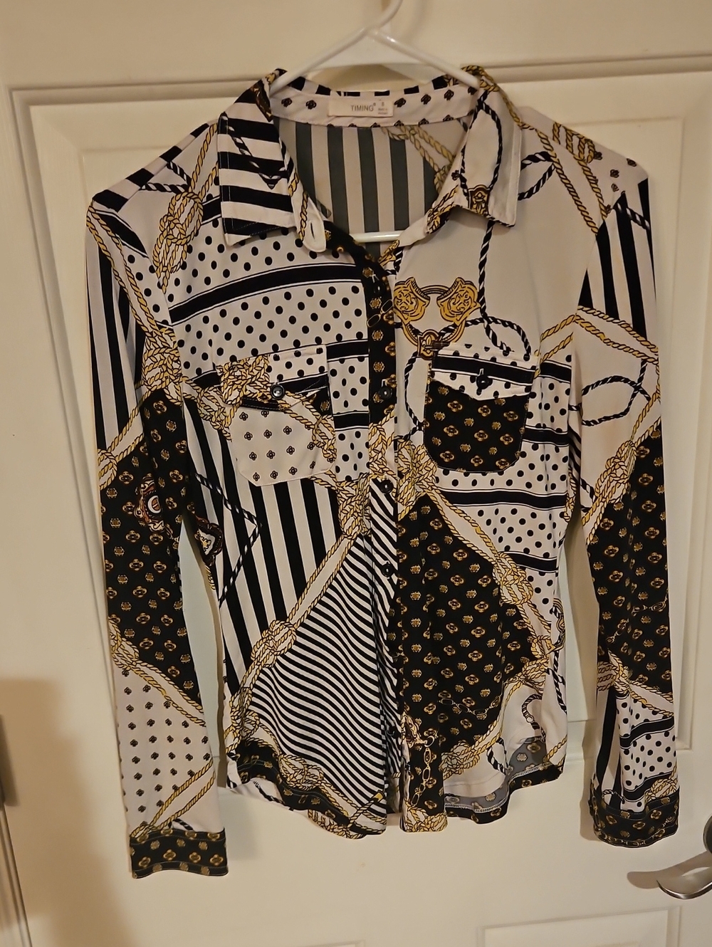 Timing Striped & Chain Print Blouse in Black, White & Gold